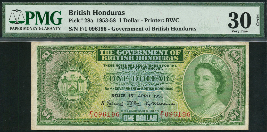 Government of British Honduras, $1, 15 April 1953, serial number F/1 096196, (Pick 28a, TBB B127a),