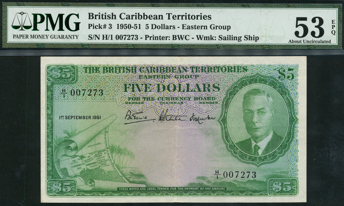 British Caribbean Currency Board, $5, 1 September 1951, serial number H/007273, (Pick 3, TBB B103b)