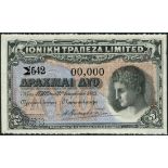 Ionian Bank Limited, specimen 2 drachmai, 21 December 1885, serial number S542-00000, (Pick S148s),