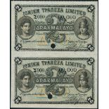 Ionian Bank Limited, a sheet of two specimen 2 drachmai, 21 December 1885, serial number S000-00000