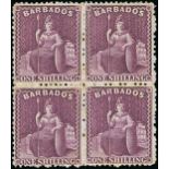 Barbados 1875-80 CC, perf .14 1/- purple block of four, unused with large part original gum,