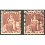 Barbados 1873 (June) 3d. brown-purple, an unused example with part original gum and a used example