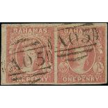 Bahamas 1859, thin paper 1d. dull lake, horizontal pair [1-2], with good to large margins, both ca