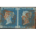 Great Britain 1840 2d. pale blue, Plate 2 horizontal pair, GI-GJ horizontal pair, close to large m