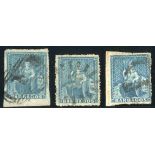 Barbados 1860 pin-perf 14 (1d.) pale blue, three used examples with perforations on all sides,