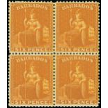 Barbados 1875-80 CC, perf .14 6d. chrome-yellow block of four, unused with large part original gum