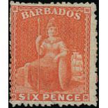 Barbados 1871 watermark Small Star, rough perf. 14 to 16 6d. orange-vermilion, a paler shade, unus