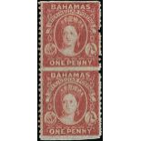 Bahamas 1861-62 no watermark perf. 11 to 12½ 1d. lake, vertical pair, horizontally imperforate, fi