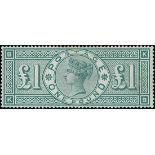 Great Britain 1887-92 £1 green, KB, large part original gum, diagonal crease and tiny traces of st