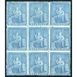 Barbados 1861-70 no watermark, rough perf. 14 to 16 (1d.) blue block of nine, unused without gum,