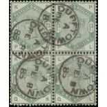 Great Britain 1883 or 1884 1/- dull greenblock of four, PK-QL, Dufftown c.d.s. cancellations