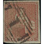 Barbados 1852-55 blued paper (4d.) brownish red with good to large margins, boldly cancelled "1",