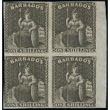 Barbados 1858 1/- black block of four with sheet margin at right, close margins at top and foot,