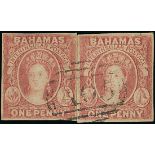 Bahamas 1859 thick paper 1d. reddish lake, a reconstructed pair sharing light "A05" cancellation,