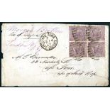 Great Britain 1865-67 6d. mauve Plate 5 block of four, AJ-BK, tied by London "1" in barred oval ca