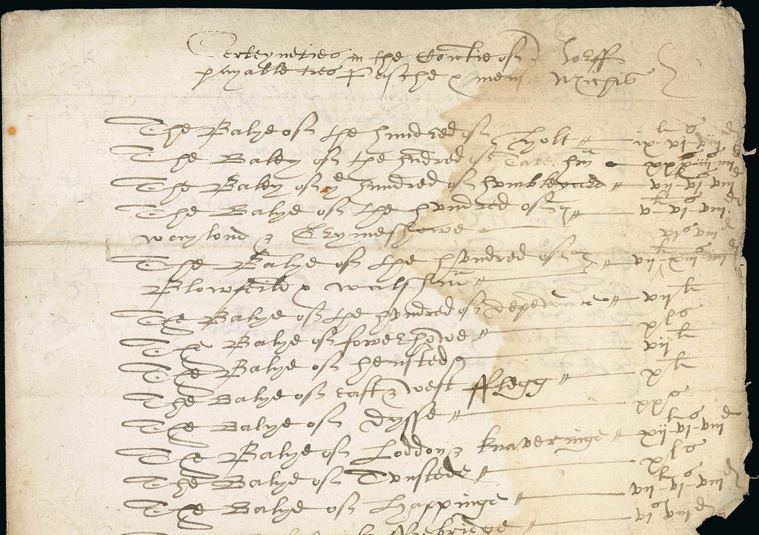 Autographs Certainties in the County of Norfolk 1577 (c.) a folio list of "Certayneties in the Coun