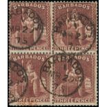 Barbados 1873 (June) 3d. purple-brown block of four, each stamp neatly cancelled with "barbadoes m