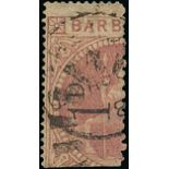 Barbados 1878 (Mar.) 1d. Type 3a on half 5/- dull rose with c.d.s. and boot-heel cancellations, fi