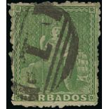 Barbados 1860 No Watermark, Pin-perf. 12½ (½d.) yellow-green with perforations on all sides and cle