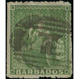 Barbados 1860 No Watermark, Pin-perf. 12½ (½d.) yellow-green with perforations on three sides and c
