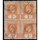 Cayman Islands 1902-03 ½d. to 1/- in used blocks of four, all except 1d. cancelled by "cayman brac