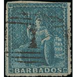 Barbados 1860 No Watermark, Pin-perf. 12½ (1d.) blue with perforations on three sides and neatly ca