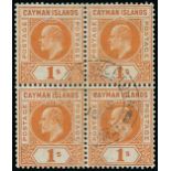 Cayman Islands 1905 1/- orange block of four cancelled by "georgetown" double-ring c.d.s.; fine an