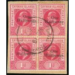 Cayman Islands 1907 (30 Aug.) "One/Halfpenny" on 1d. Kingston Provisional Block of four on piece ca