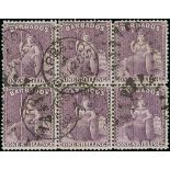 Barbados 1875-81 CC, perf. 14, 1/- dull mauve block of six (3x2), fine used. The unique and larges