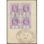 Cayman Islands 1907 4d., 6d. and 1/- blocks of four each used on piece, the 4d. with plate number