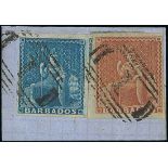 Barbados 1852-55 blued paper, imperforate (4d.) brownish red with good to enormous margins used wi