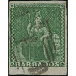 Barbados 1855-58 white paper (½d.) green, variety patch on sail [11/4], small to very large margin