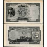 Banque Nationale de Perse, obverse and reverse archival photographs showing designs for 100 rials,