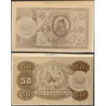 The Imperial Bank of Persia, obverse and reverse archival photographs showing designs for 50 tomans