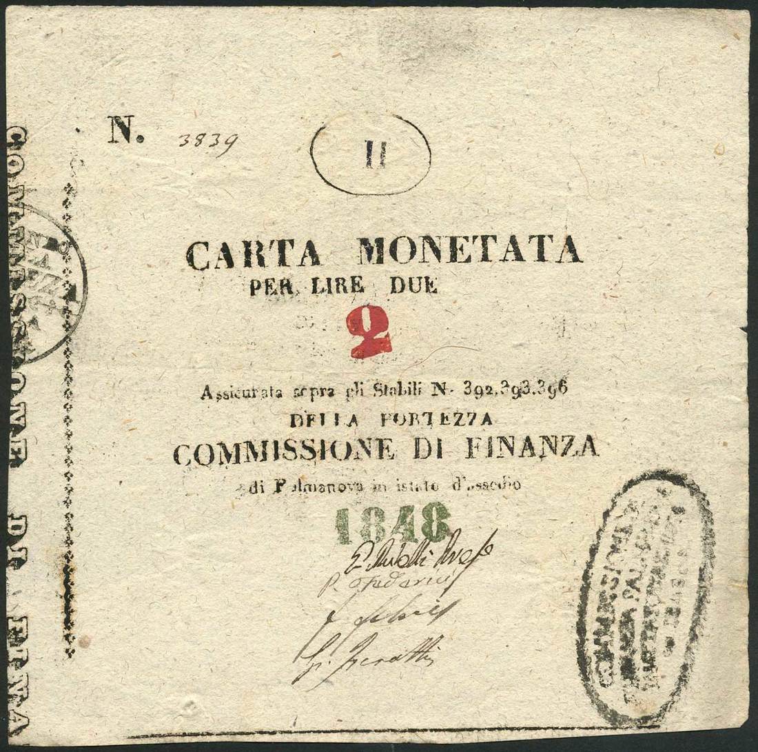 Assedio di Palmanova, 2 lire (2), 1848, serial numbers 3763 and 3839, (Pick S247, Gavello 62, Crapa