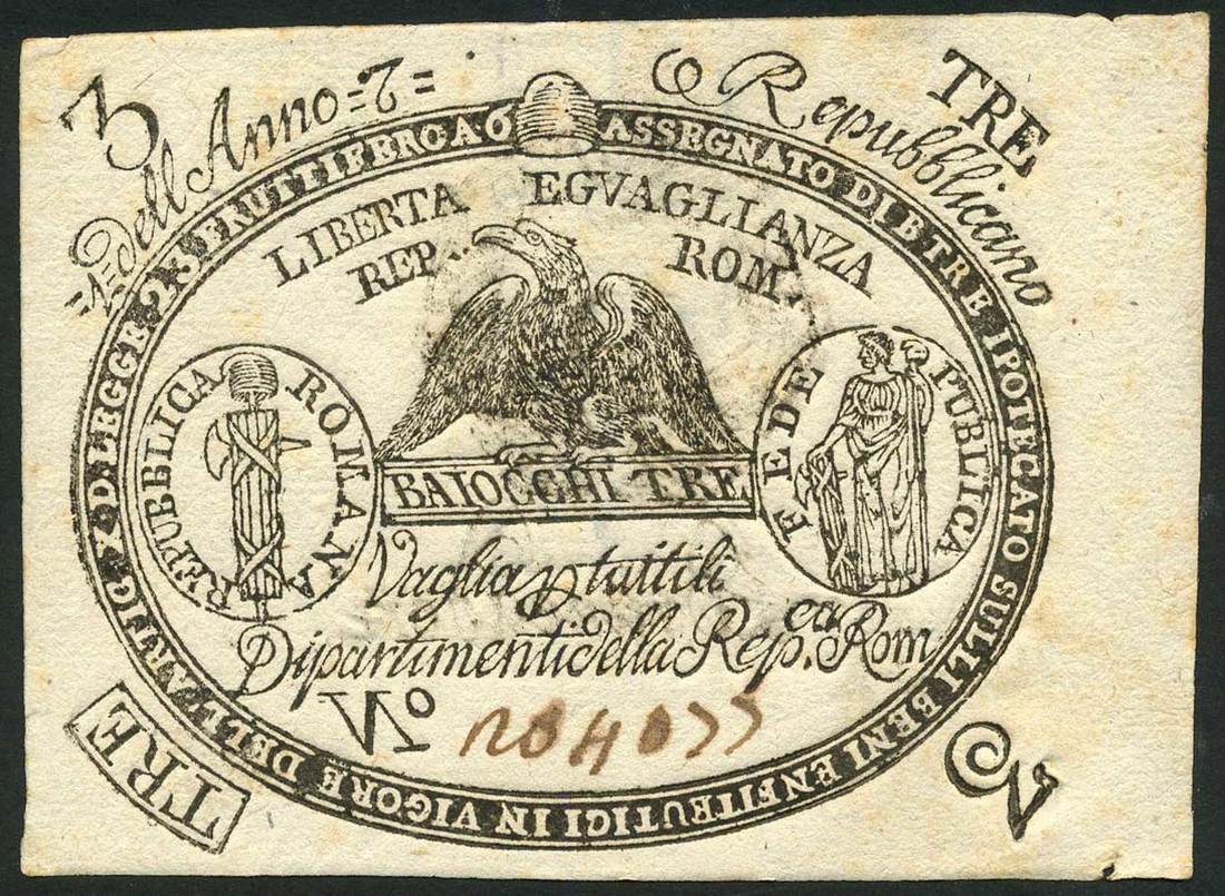 Assignats of the Roman Republic, 3 bajocchi, 1798, serial number 1284077, (Pick S531, Gavello 59),