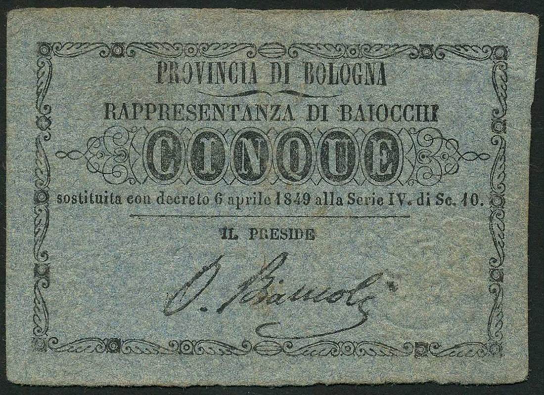 Provincia di Bologna, a group from the ordinance of March 7 1849 issue, (Pick 599-601, Gavello 202-