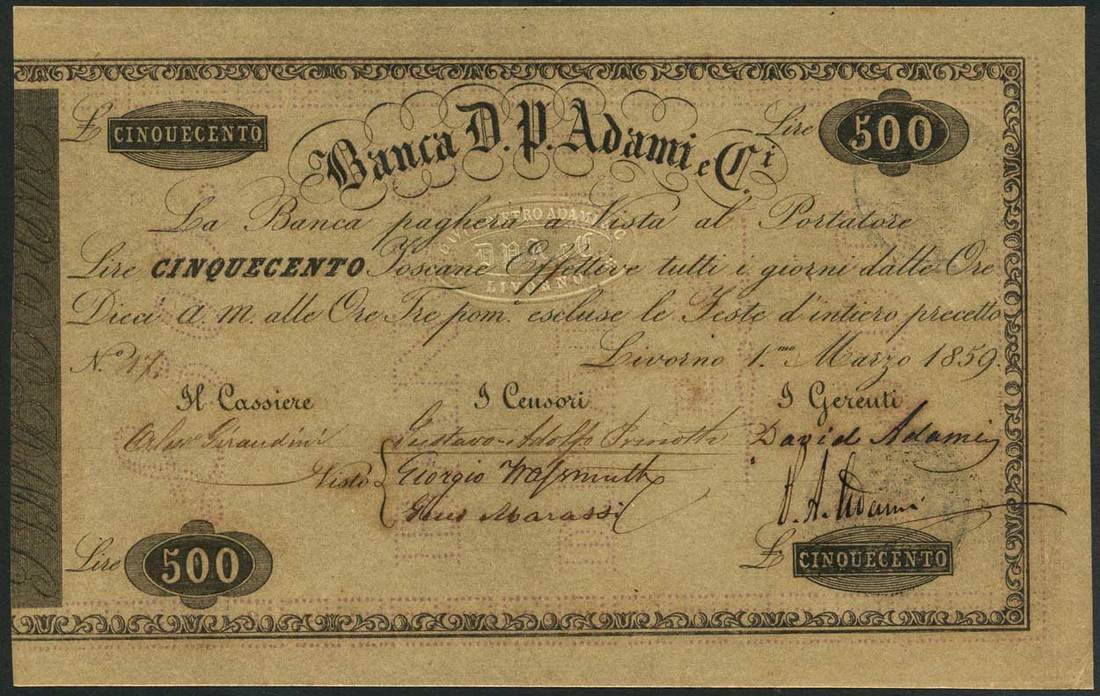 Banca D. P. Adami & Ci, 500 lire, 1859, serial number 17, (Pick S291, Gavello 104),