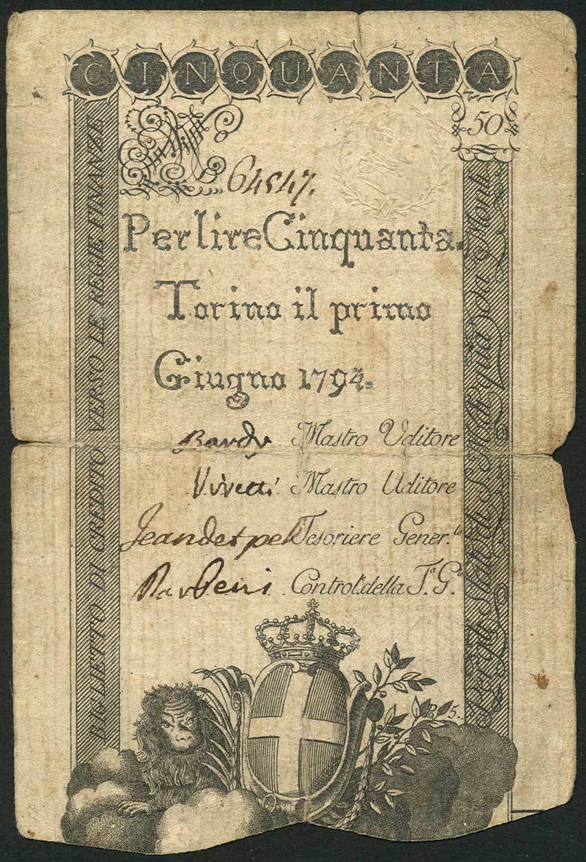 Biglietti di Credito Verso le Regie Finanze, a group of 50 lire, 1786, 1792, 1794 (4), (Pick S118,