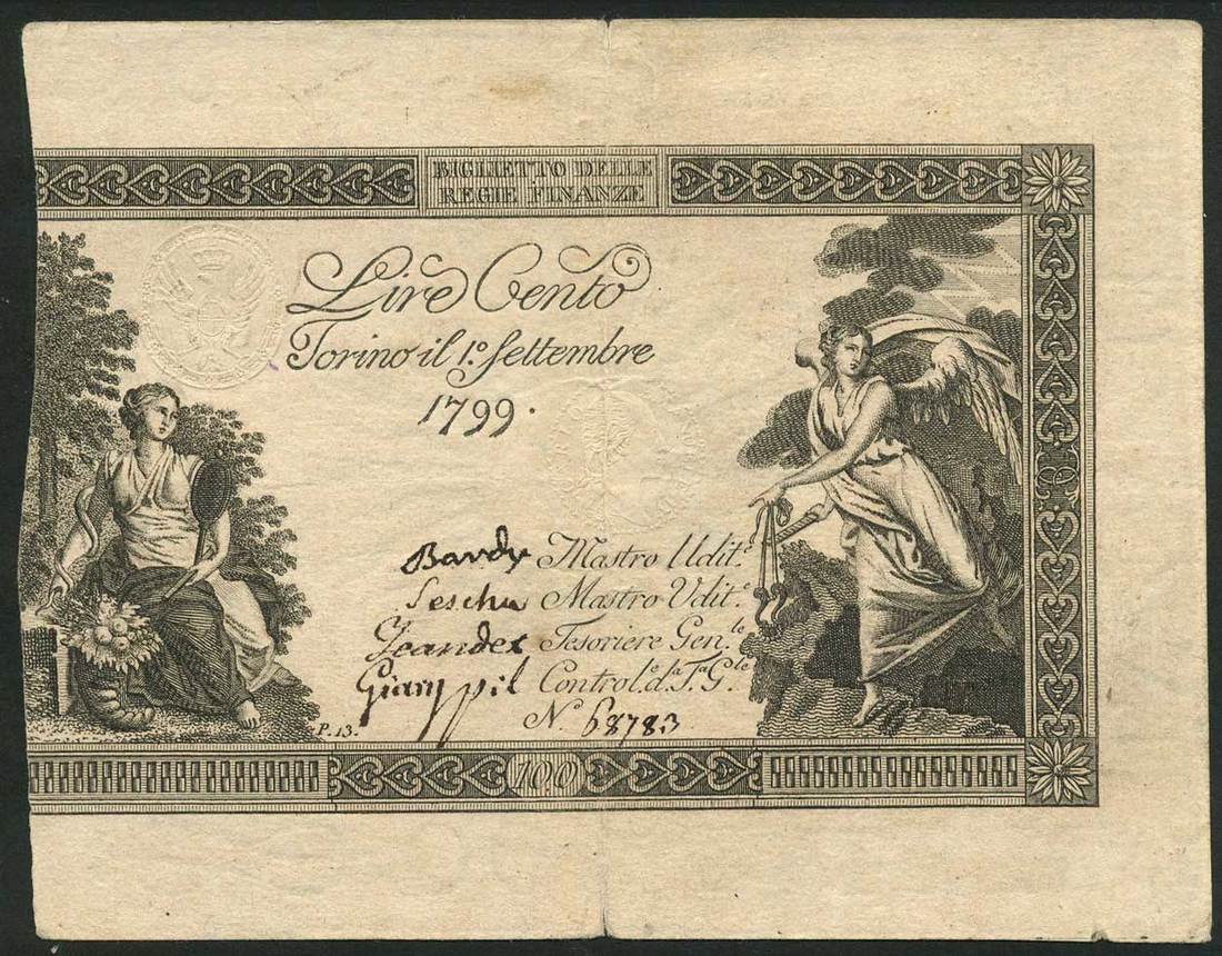 Biglietti di Credito Verso le Regie Finanze, 100 lire (2), 1799, serial numbers 30934 and 68783, (P
