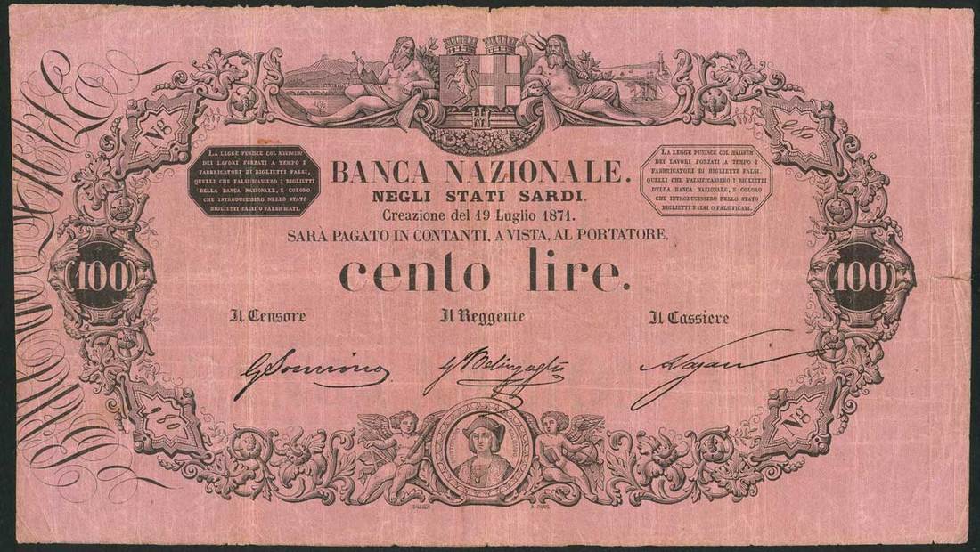 Banca Nazionale Negli Stati Sardi, 100 lire, 19 July 1871, serial number Ng 280, (PS171, Gavello 11