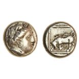 Lesbos, Mytilene (c.377-326 BC), Electrum Hekte, 2.31g, wreathed head of Persephone right, rev. bul
