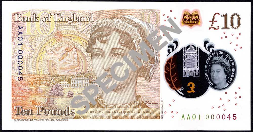 Bank of England, Victoria Cleland, £10 on polymer, ND (14 September 2017), serial number AA01 00004