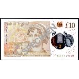 Bank of England, Victoria Cleland, £10 on polymer, ND (14 September 2017), serial number AA01 00009
