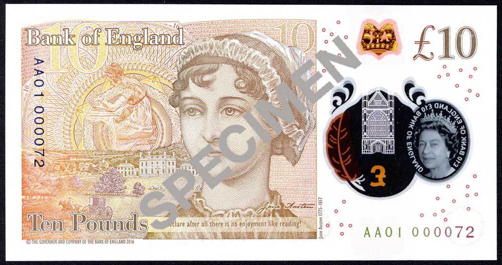 Bank of England, Victoria Cleland, £10 on polymer, ND (14 September 2017), serial number AA01 00007