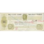 Gold Coast Postal Orders 1895-96 5/- brown and 20/- olive-green, both fine used,