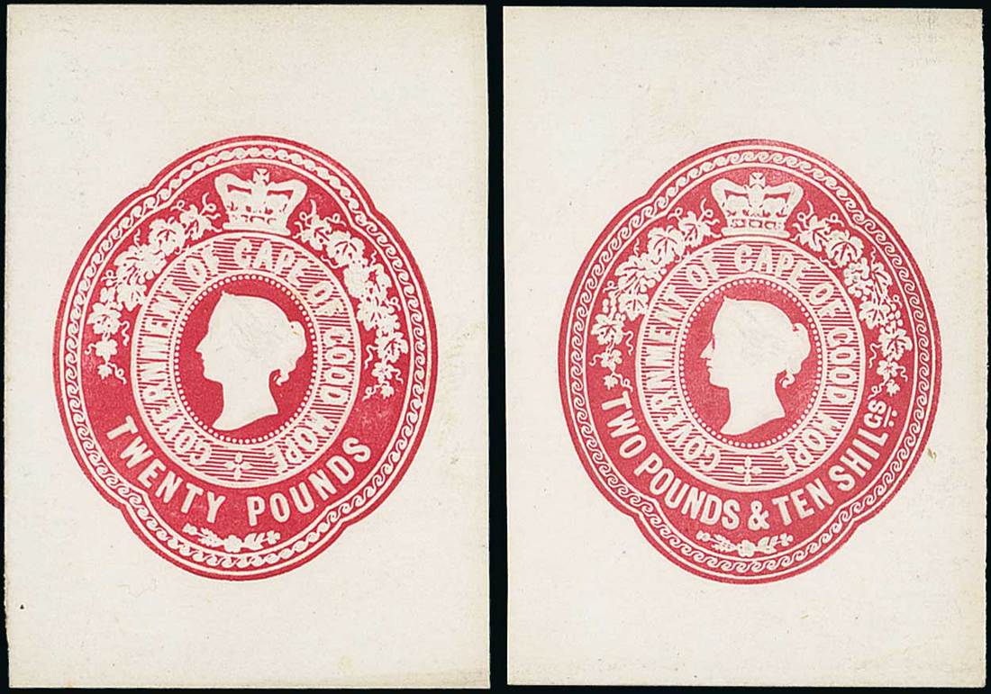 Cape of Good Hope Impressed Revenue c.1895 proof impressions (3), £20 and £2/10 as issued in red on