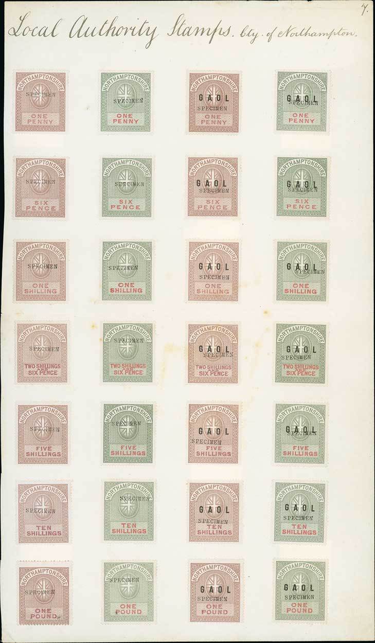 Great Britain Local Authority Stamps- Northamptonshire c.1878 sheet from presentation album bearing