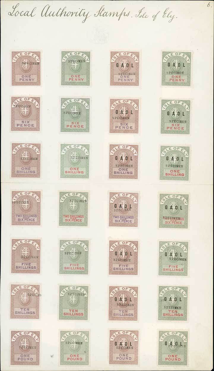 Great Britain Local Authority Stamps- Isle of Ely c.1878 sheet from presentation album bearing comp