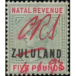 Zululand Revenue 1888 £5 green and red, neatly cancelled with date "4-1-93"" and initials in red ma